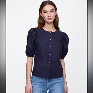 Gap Navy Puff Sleeve Button-Up Top women’s size L